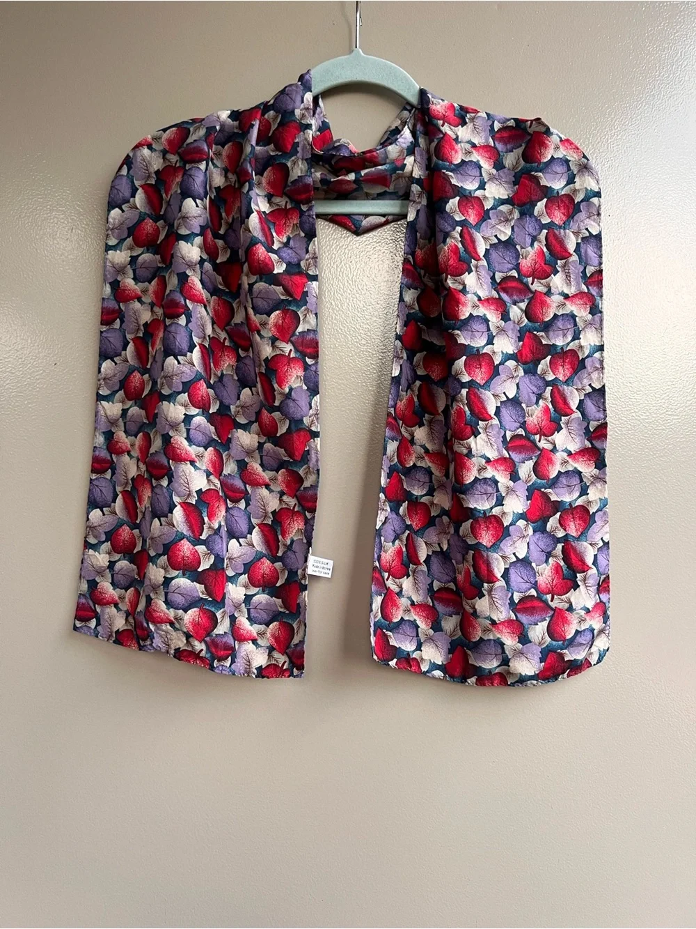 Vintage 100% Silk Long Scarf Red Purple Leaf Print Korean Made Festival Artsy OS